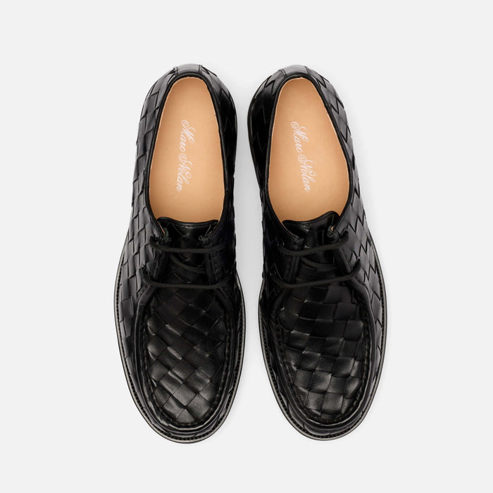 Montana Black Woven Leather Moc Toe Derbys