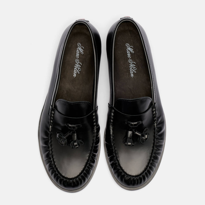 Morgan Black Pleated Leather Tassel Loafers