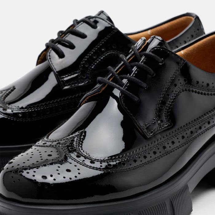 Ms. Alexander Black Patent Leather Lug Wingtip Derby