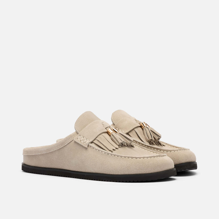Ms. Hampton Stone Suede Tassel Mules