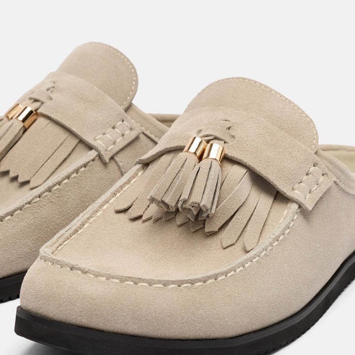 Ms. Hampton Stone Suede Tassel Mules