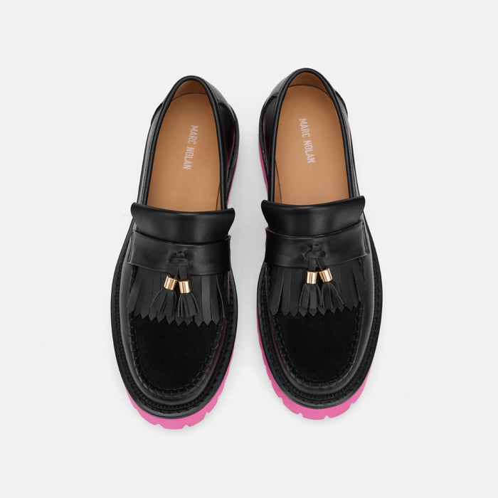Ms. Journey Black/Pink Leather Lug Tassel Loafer