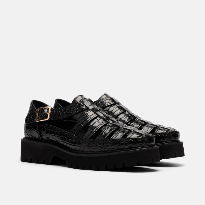 Ms. Magellan Black Crocskin Leather Lug Fisherman Sandals