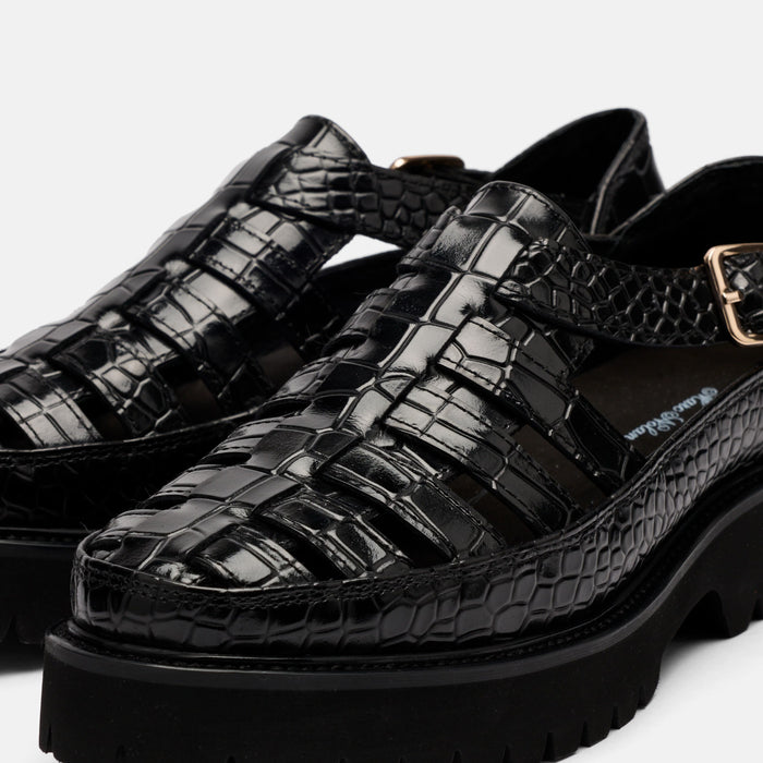 Ms. Magellan Black Crocskin Leather Lug Fisherman Sandals