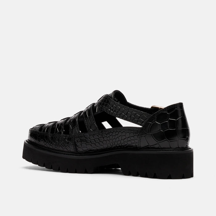 Ms. Magellan Black Crocskin Leather Lug Fisherman Sandals