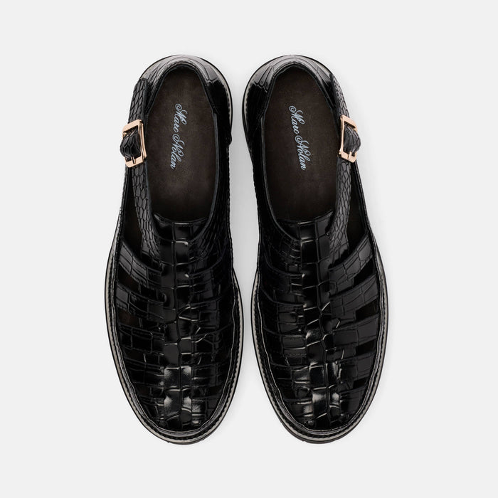 Ms. Magellan Black Crocskin Leather Lug Fisherman Sandals