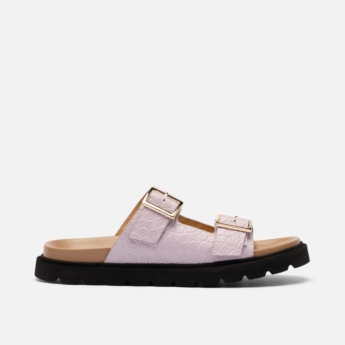 Ms. Monaco Lavender Crocskin Leather Strap Sandals