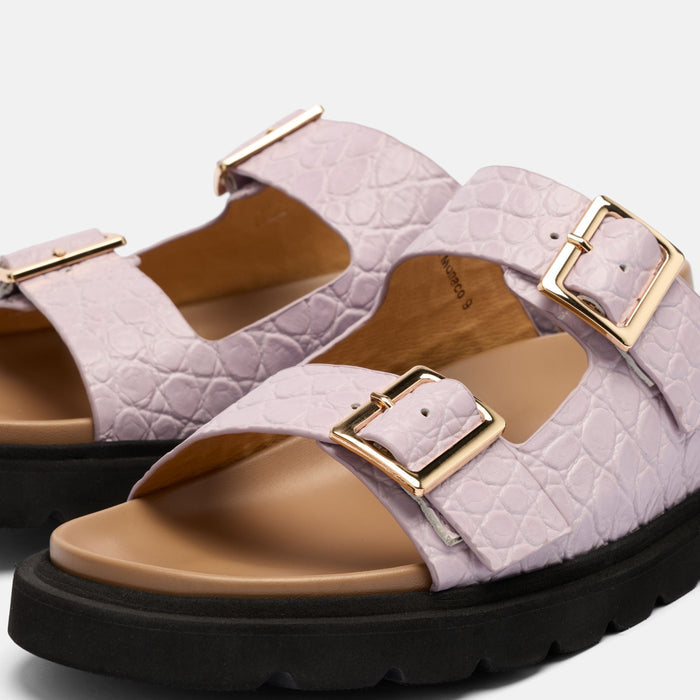 Ms. Monaco Lavender Crocskin Leather Strap Sandals