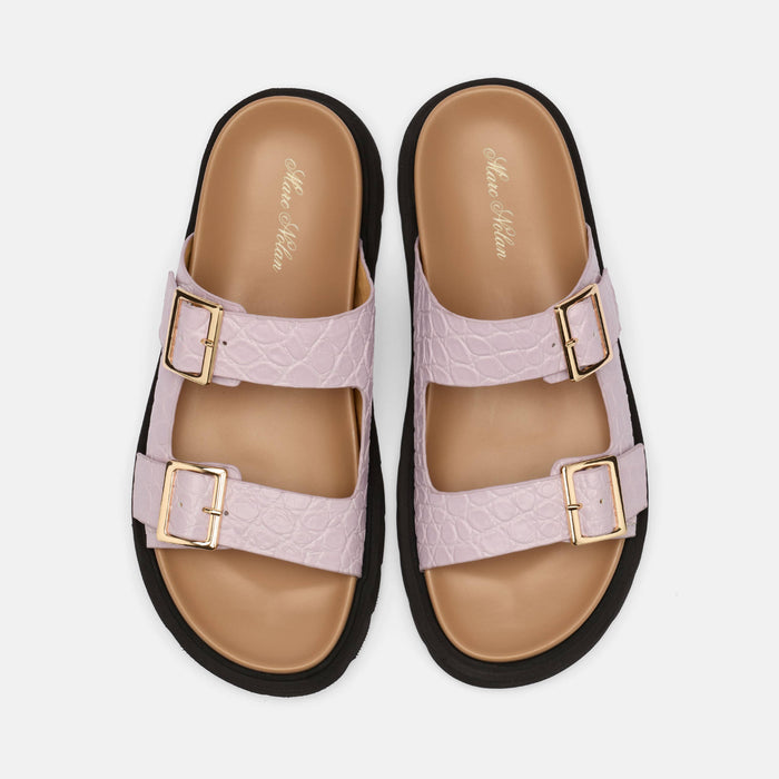 Ms. Monaco Lavender Crocskin Leather Strap Sandals