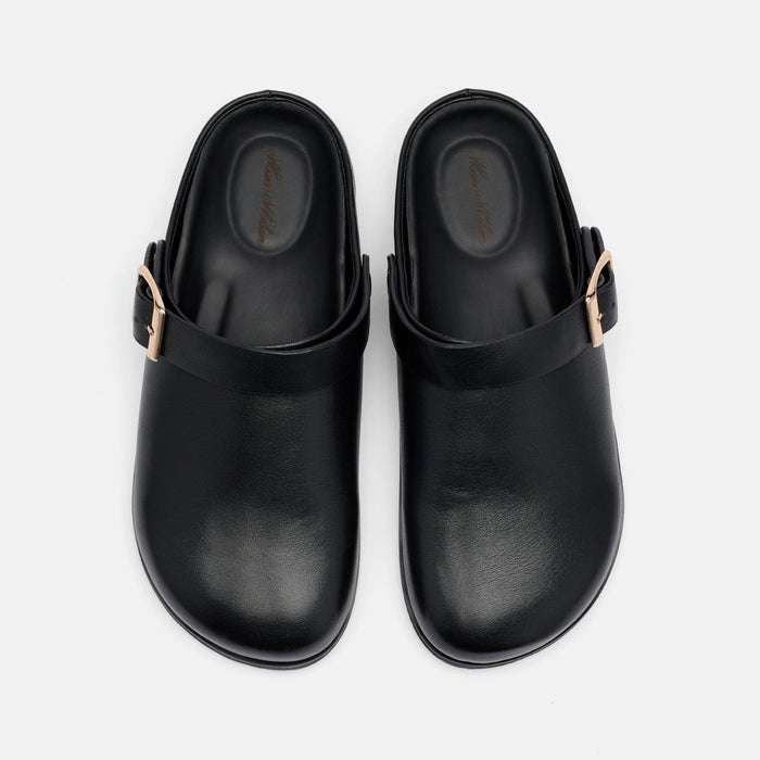 Ms. Solana Black Leather Backstrap Clogs