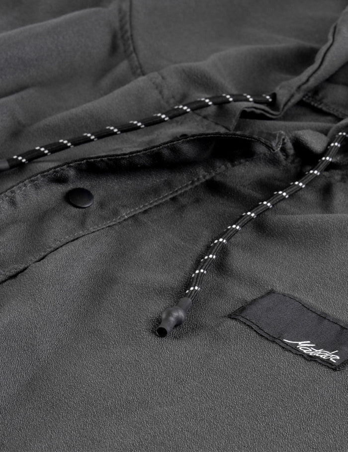 Close-up of a dark gray poncho with a brand logo on a black background