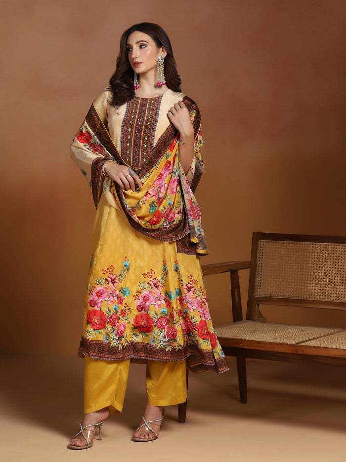 Natural Crepe Mustard Printed Kurta Comfort Pant Dupatta.