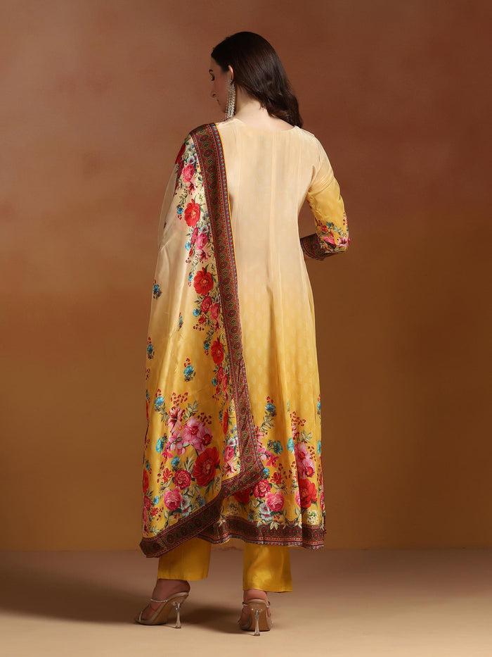 Natural Crepe Mustard Printed Kurta Comfort Pant Dupatta.