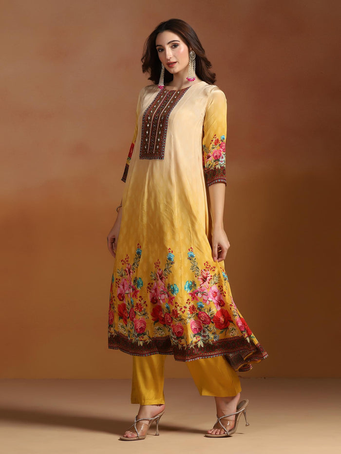Natural Crepe Mustard Printed Kurta Comfort Pant Dupatta.