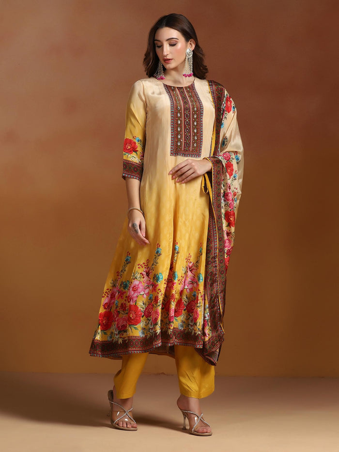 Natural Crepe Mustard Printed Kurta Comfort Pant Dupatta.