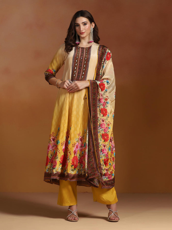 Natural Crepe Mustard Printed Kurta Comfort Pant Dupatta.
