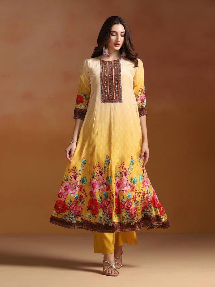 Natural Crepe Mustard Printed Kurta Comfort Pant Dupatta.