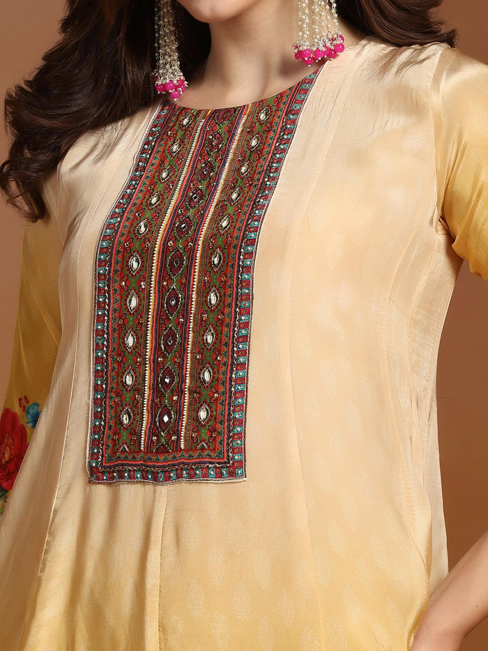 Natural Crepe Mustard Printed Kurta Comfort Pant Dupatta.