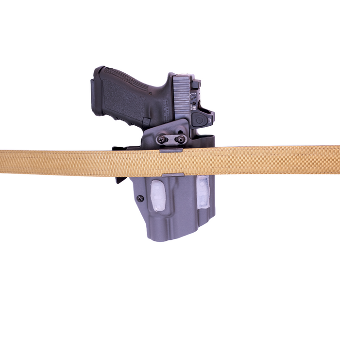 Neomag Holster for Kore Essentials Quarter Inch EDC Gun Belts in IWB Position Attached to Coyote Quarter Inch Nylon Web Belt