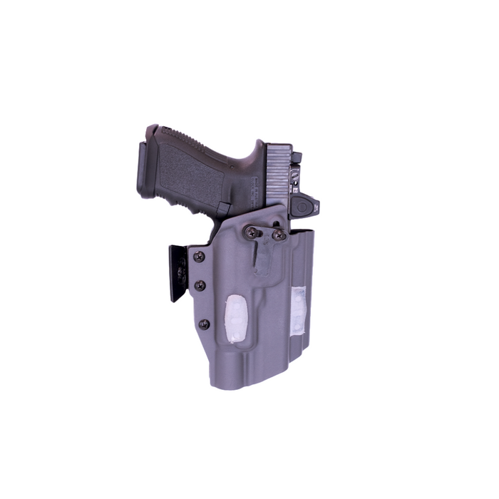 Neomag Alias Holster Clip For Kore Essentials Quarter Inch Gun Belts Attached to Grey Holster