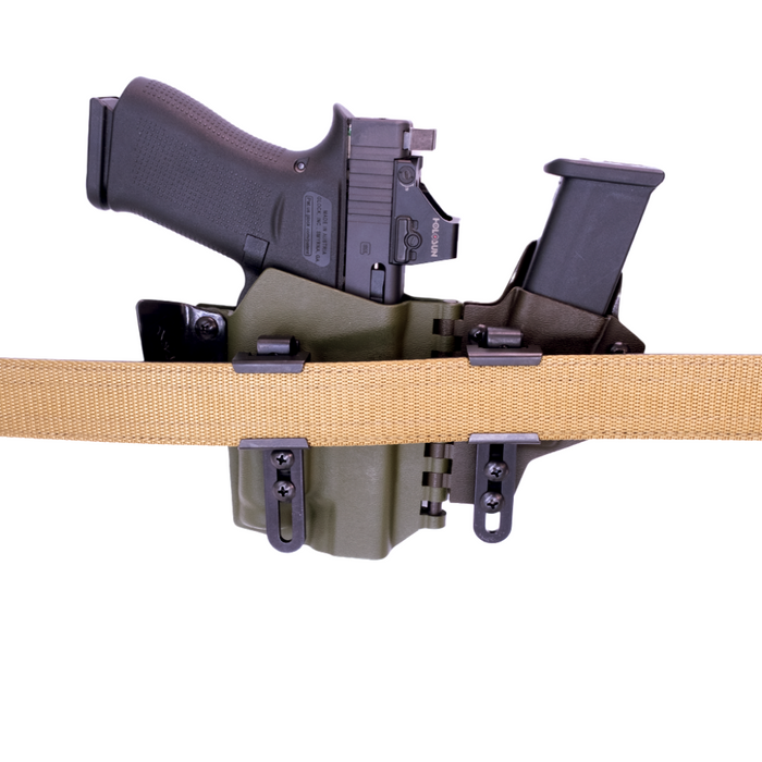 Two Neomag Holsters for Kore Essentials Quarter Inch EDC Gun Belts in IWB Position Attached to Coyote Quarter Inch Nylon Web Belt