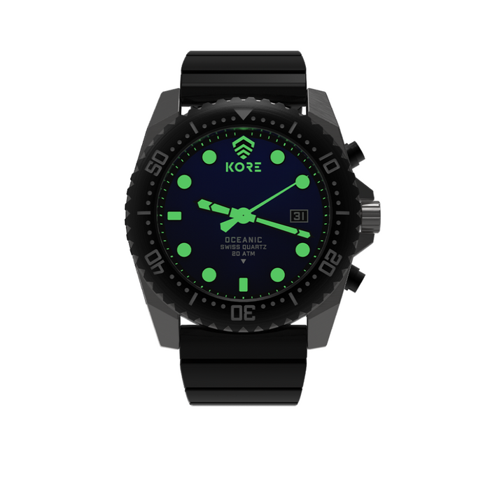 Front Facing View of Kore Essentials Oceanic Tactical Field Watch Showcasing Photoluminescence Feature