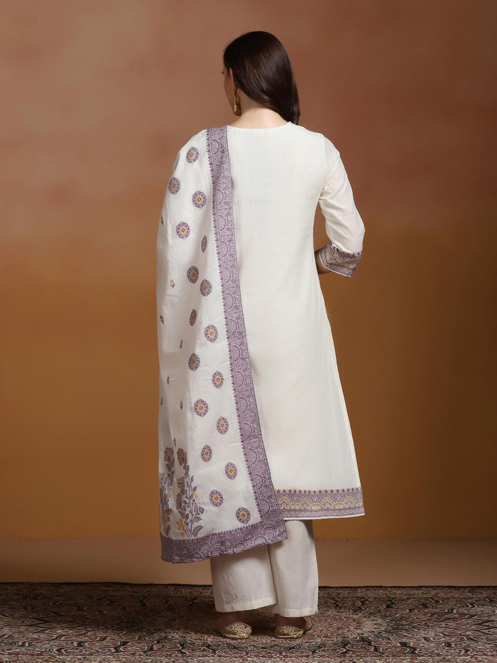 Off White  Cotton Jacquard Kurta Comfort Pant Dupatta.
