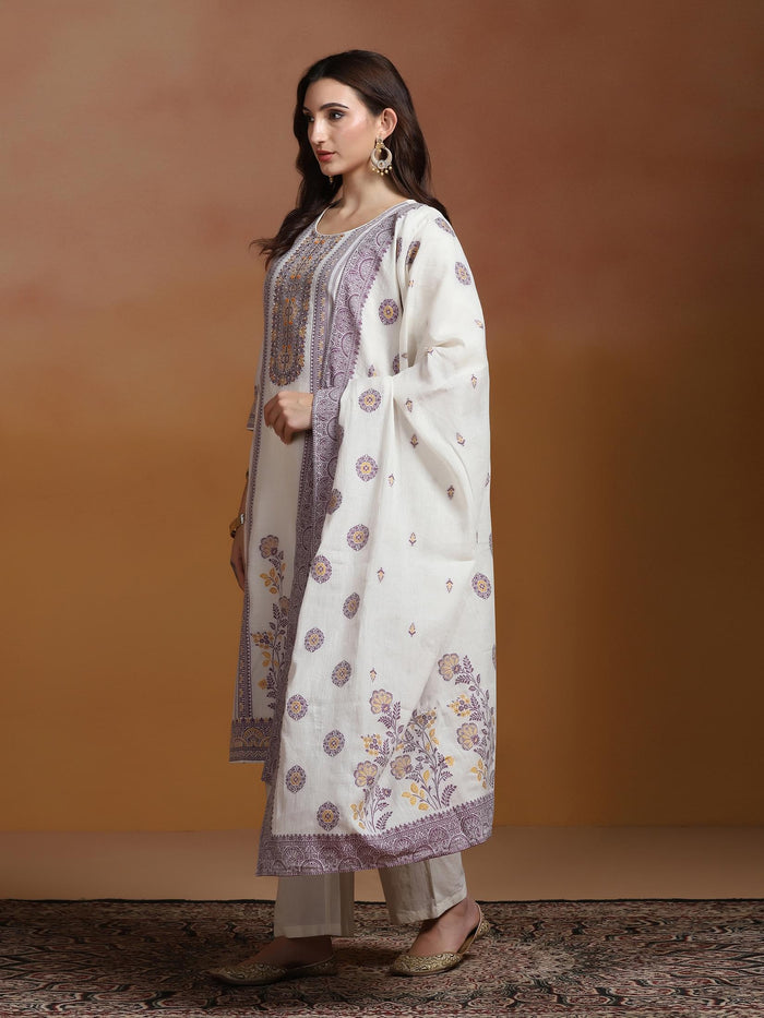 Off White  Cotton Jacquard Kurta Comfort Pant Dupatta.