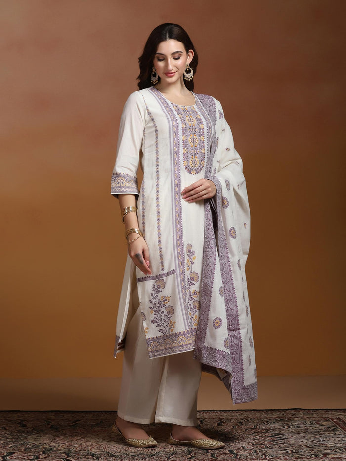 Off White  Cotton Jacquard Kurta Comfort Pant Dupatta.