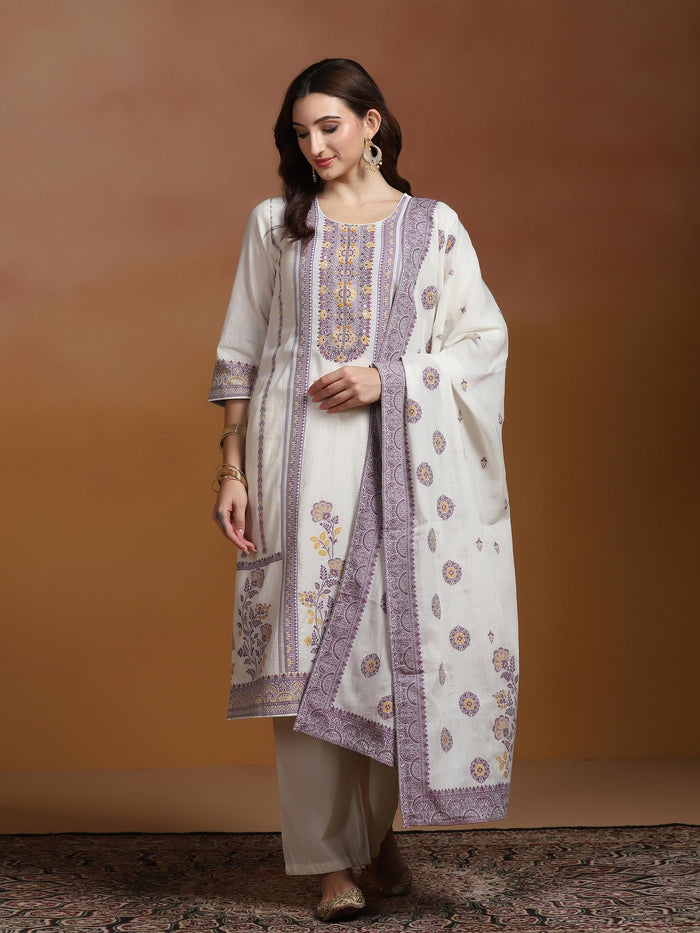 Off White  Cotton Jacquard Kurta Comfort Pant Dupatta.