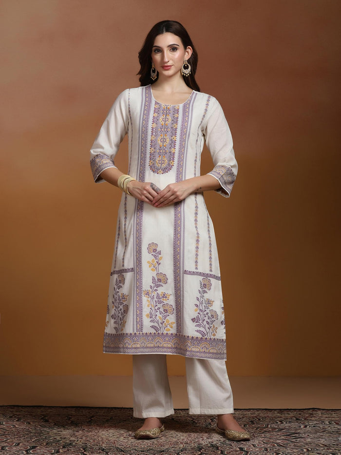 Off White  Cotton Jacquard Kurta Comfort Pant Dupatta.