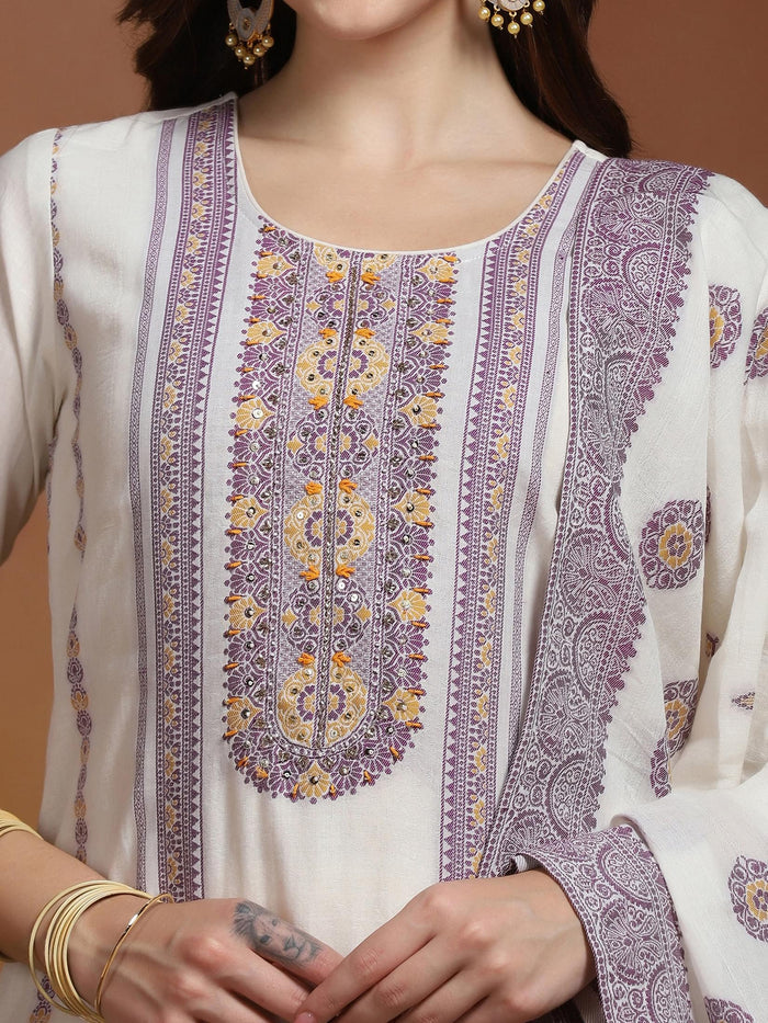 Off White  Cotton Jacquard Kurta Comfort Pant Dupatta.