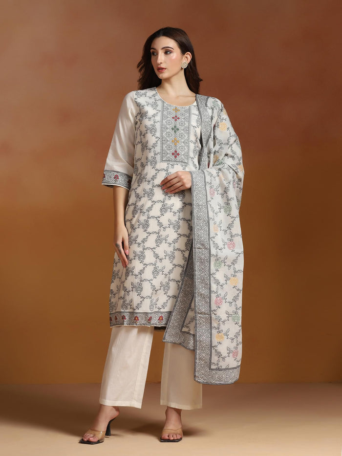 Off White Cotton Jacquard Kurta Comfort Pant With Dupatta.