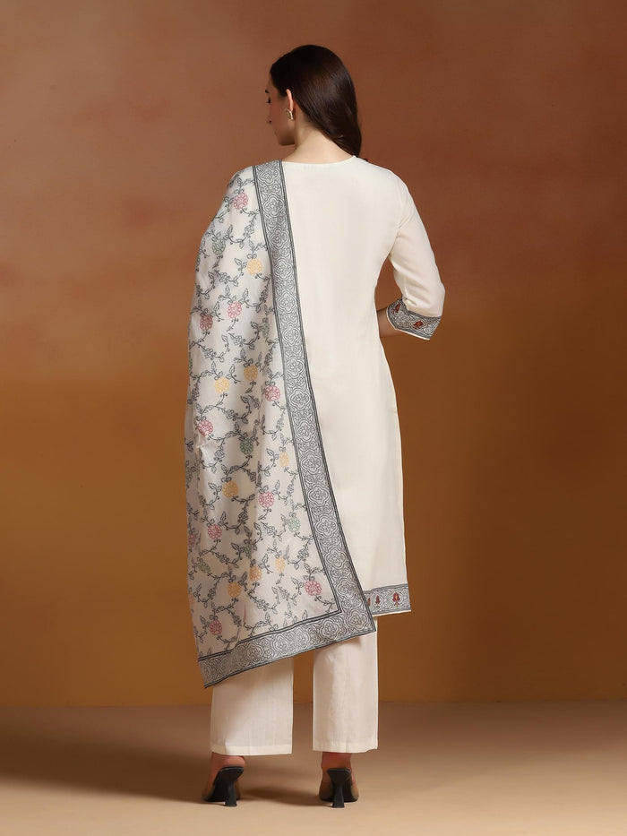 Off White Cotton Jacquard Kurta Comfort Pant With Dupatta.