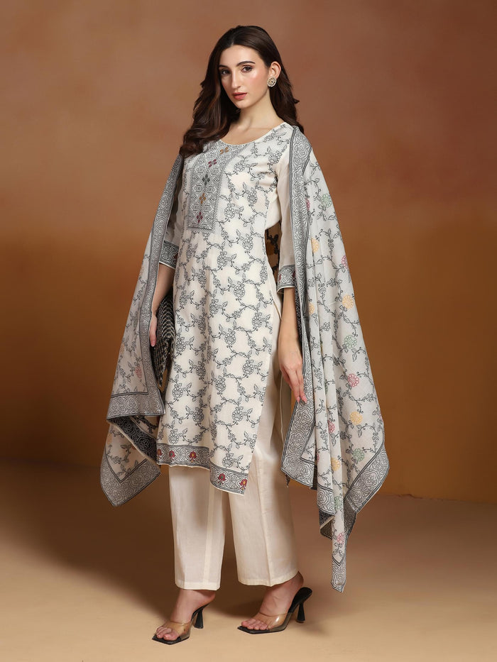 Off White Cotton Jacquard Kurta Comfort Pant With Dupatta.
