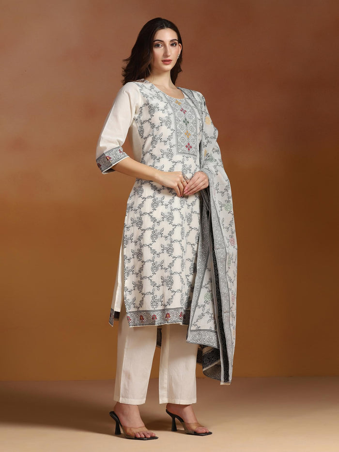 Off White Cotton Jacquard Kurta Comfort Pant With Dupatta.