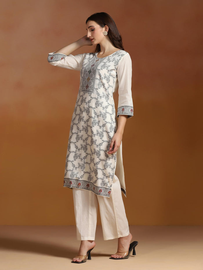 Off White Cotton Jacquard Kurta Comfort Pant With Dupatta.