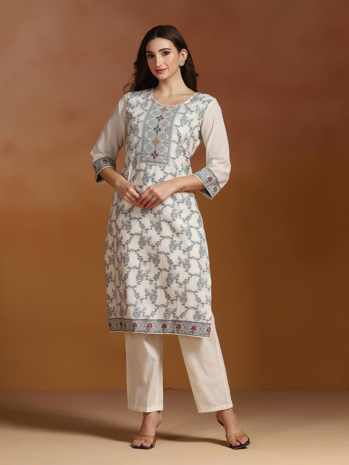 Off White Cotton Jacquard Kurta Comfort Pant With Dupatta.