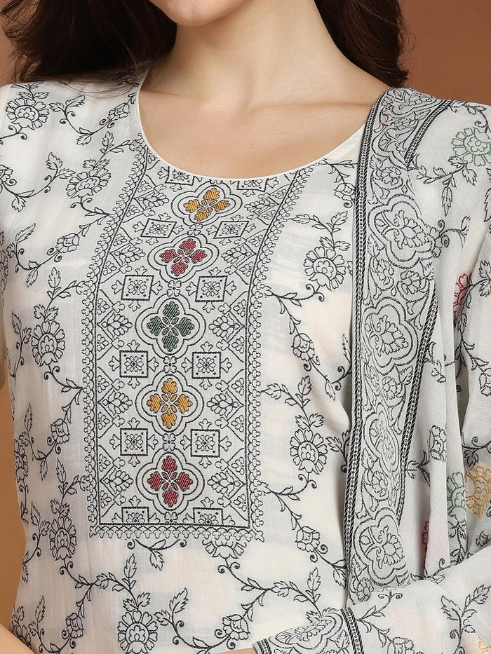 Off White Cotton Jacquard Kurta Comfort Pant With Dupatta.