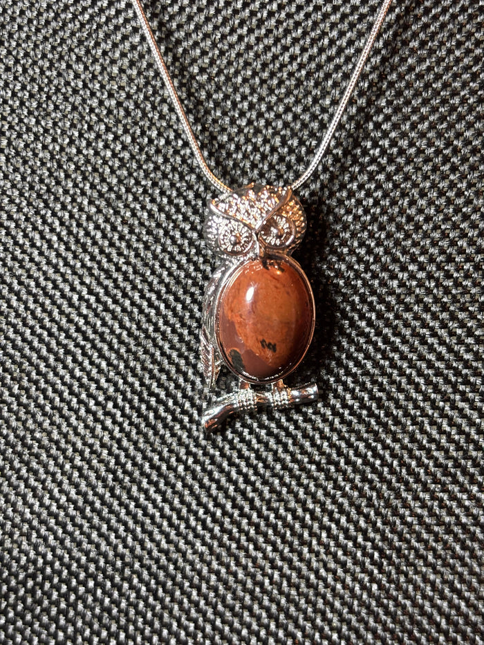Owl Pendant Necklace Silver Tone Stainless Steel Snake Chain Brown Jasper Stone