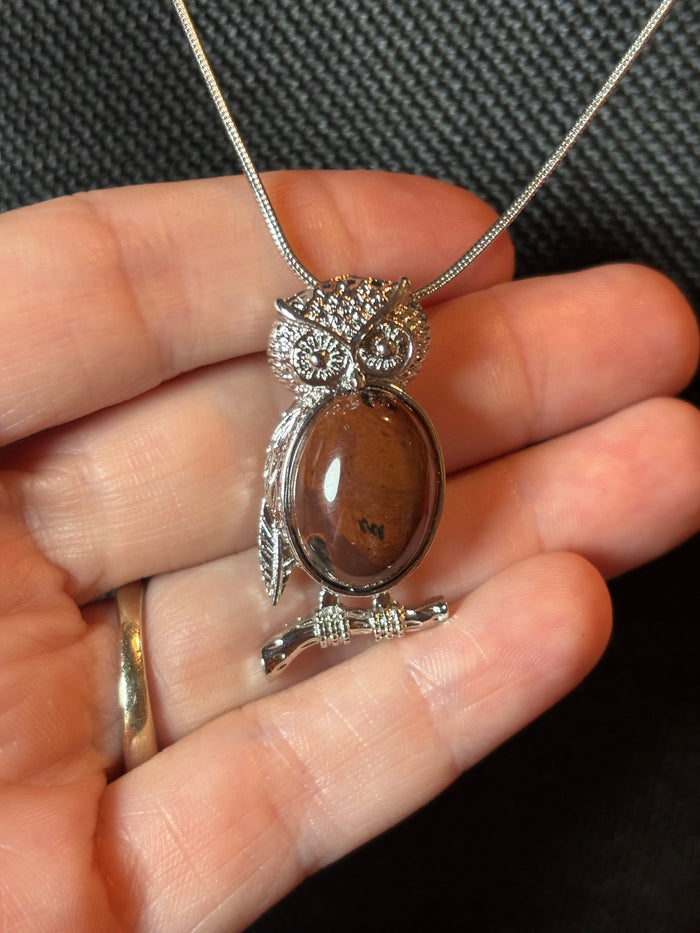 Owl Pendant Necklace Silver Tone Stainless Steel Snake Chain Brown Jasper Stone