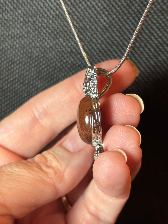 Owl Pendant Necklace Silver Tone Stainless Steel Snake Chain Brown Jasper Stone