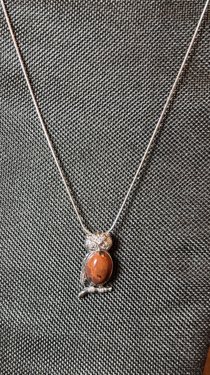 Owl Pendant Necklace Silver Tone Stainless Steel Snake Chain Brown Jasper Stone