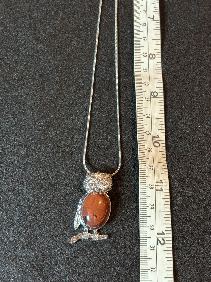 Owl Pendant Necklace Silver Tone Stainless Steel Snake Chain Brown Jasper Stone
