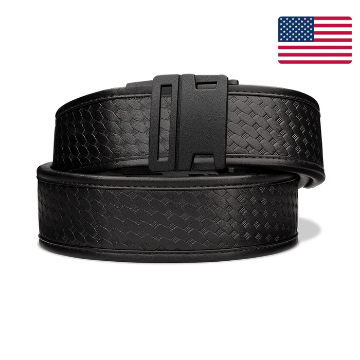 P2 Basketweave Patrol Belt on a white background with an American flag