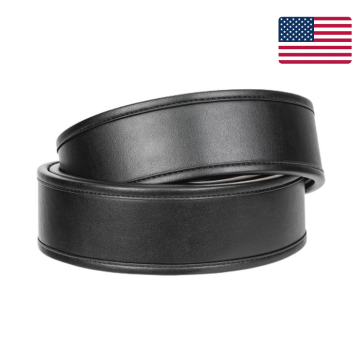 Kore Essentials Black Leather Patrol Outer Belt on a White Background with an American Flag
