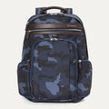 A blue camouflage pattern Travelpro Platinum Elite Business Backpack with leather accents, multiple compartments, and YKK zippers.
