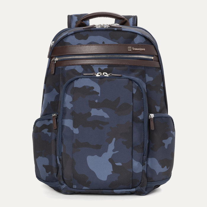 A blue camouflage pattern Travelpro Platinum Elite Business Backpack with leather accents, multiple compartments, and YKK zippers.