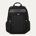 front-facing view of the black travelpro platinum elite business laptop backpack 27l, featuring a high-density black nylon exterior, premium black leather top handle and trim, two front zippered pockets, and side water bottle pockets.