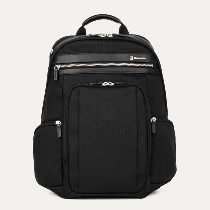 front-facing view of the black travelpro platinum elite business laptop backpack 27l, featuring a high-density black nylon exterior, premium black leather top handle and trim, two front zippered pockets, and side water bottle pockets.